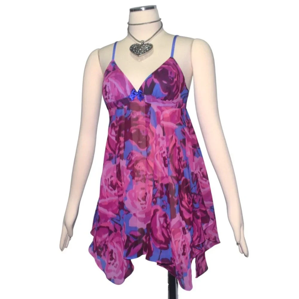 Betsey Johnson Babydoll Slip Chemise Nightie Matching Thong Panty Fairy Floral M
